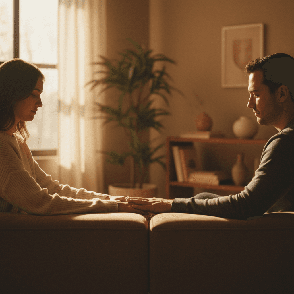 Couple sitting quietly in a softly lit counseling room, hands near each other
