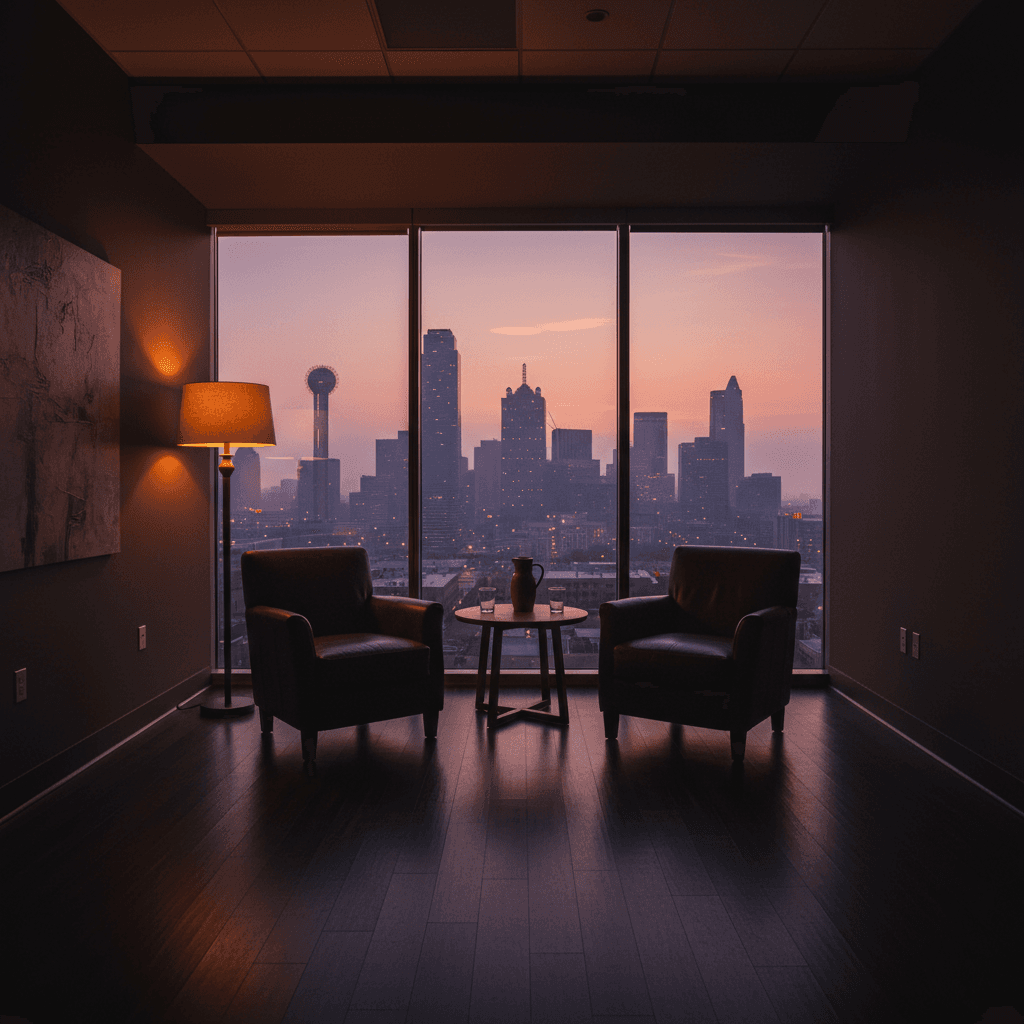 A moody cinematic wide shot of an empty therapy room in Dallas at dusk