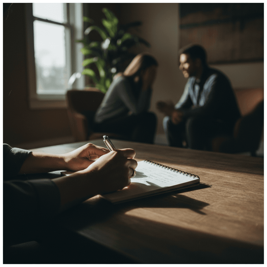 Therapist's notepad on a wooden table with couple blurred in background