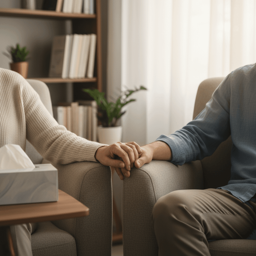 Close-up of two people's hands clasped together in supportive gesture during counseling session in warm, professional office setting